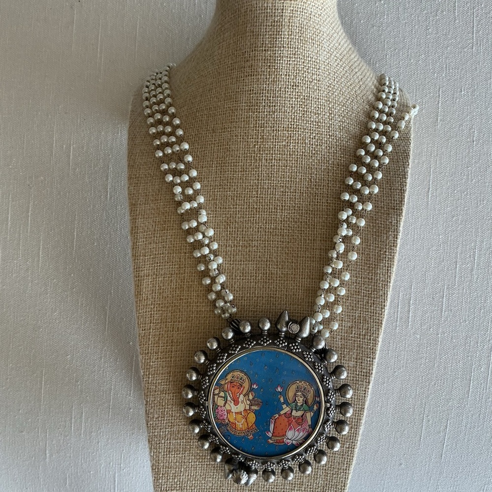Silver and Blue Vintage Ganesh Pendant  Necklace